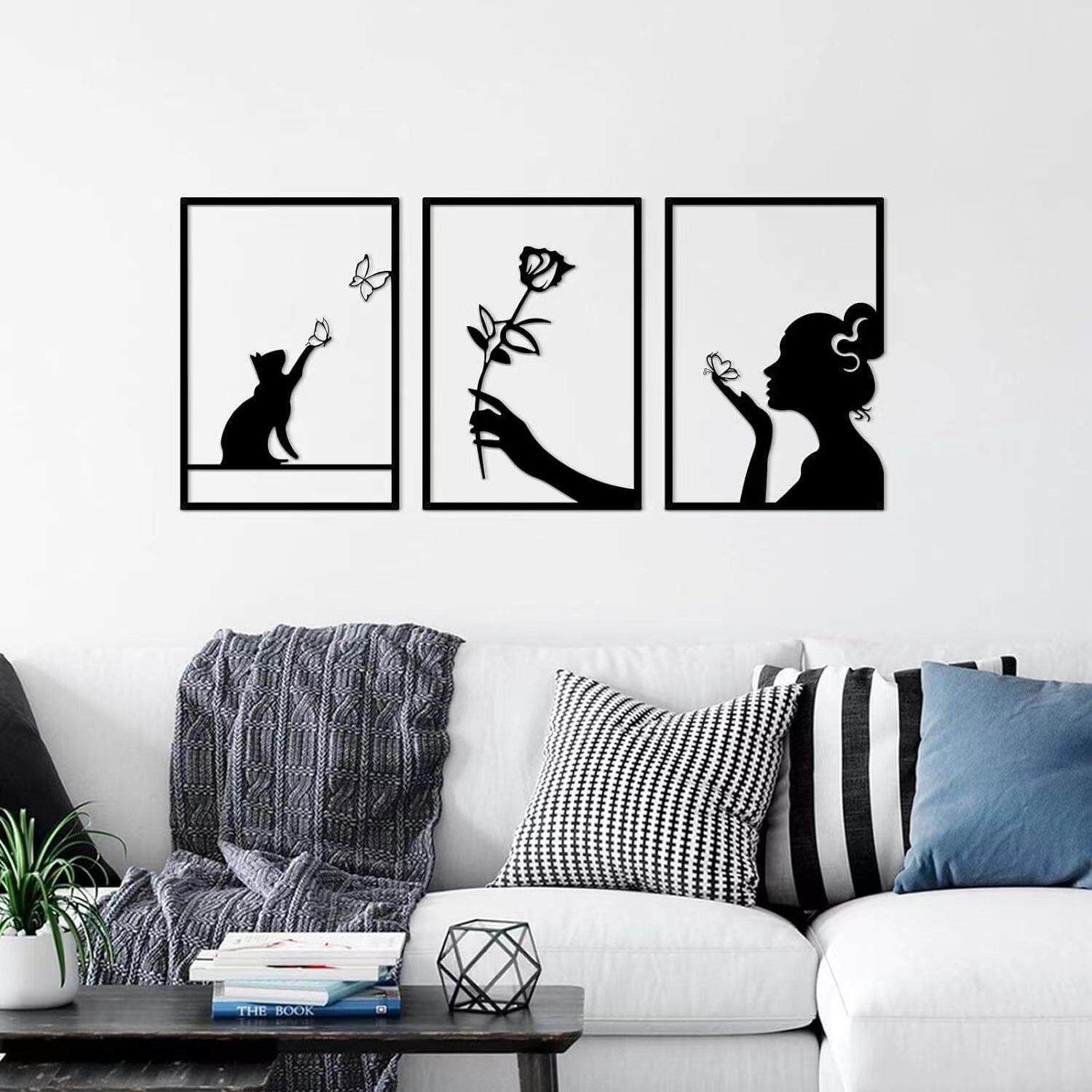 极简主义抽象女人与金属猫铁艺家居客厅卧室现代艺术工艺品壁饰