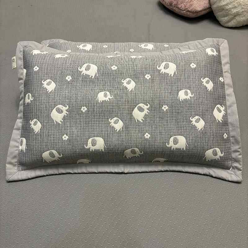 全棉色织提花三层纱布夹棉枕套 活性印染加厚款儿童枕头罩大象灰