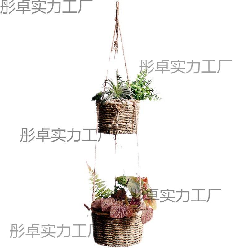 UG73手工悬挂天然草编花篮田园吊挂花器圆形壁挂柳编花盆
