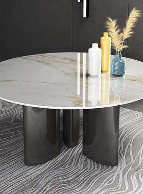 轻奢餐桌椅组合现代简约圆形岩板吃饭桌子家用小户型带转盘MR510#