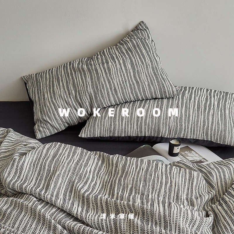 黑色中性风全棉色织提花四件套高级感蜂窝纹理条纹被套双人床品2m