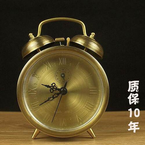 纯铜覆古拉丝款老式机械发条闹钟上弦钟表铜闹钟座钟家居装饰摆件