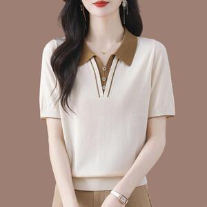 品牌夏季Polo领针织衫桑蚕丝t恤短袖女翻领冰丝时尚年轻妈妈上衣