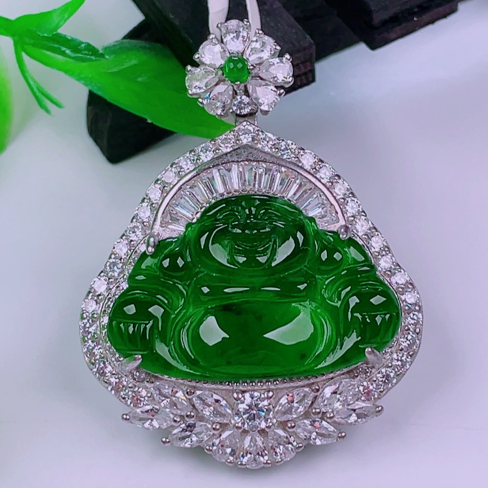 天然真品翡翠S925银镶嵌冰飘阳绿满绿高端精品闪拍佛公玉珠宝吊坠