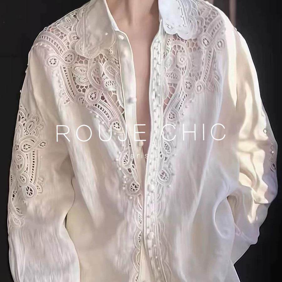 ROUJE CHIC法式复古亚麻镂空白色衬衫女春季名媛气质百搭休闲上衣