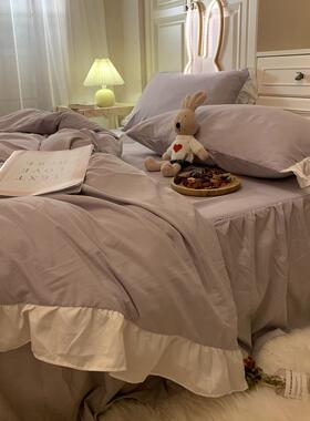 正品好看ins巨风姜荷纯色叶花边黄四件套床裙暖黄色被套1.2宿舍三