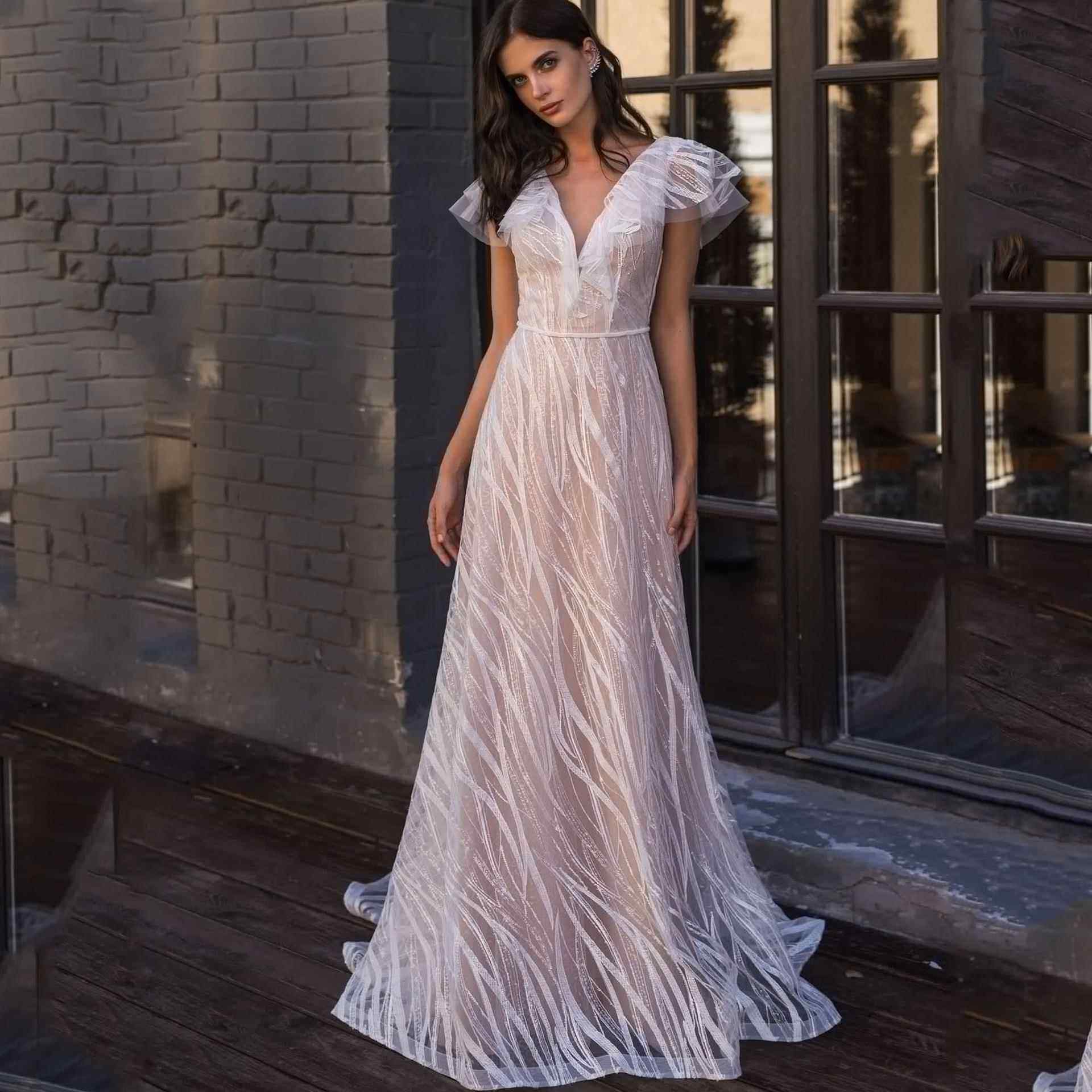 跨境春款欧美女装性感晚宴连衣裙礼服长柳叶V领蕾丝 婚纱定制