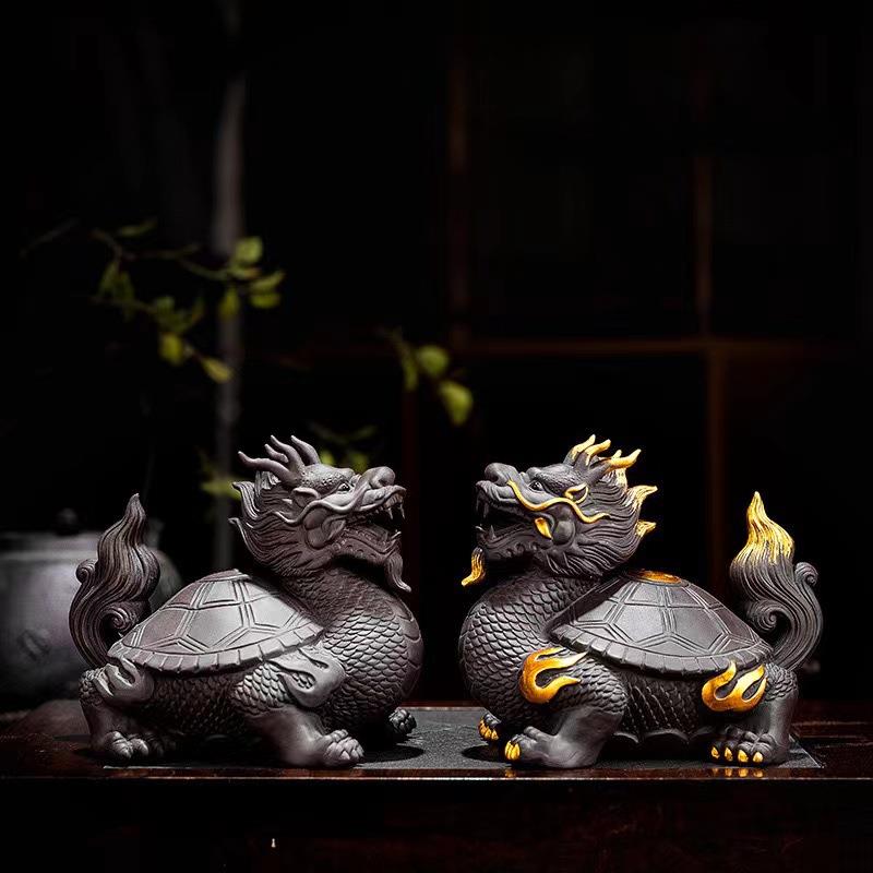 紫砂龙龟茶宠摆件招财龙头龟办公室禅意茶道玄关中式家居装饰品