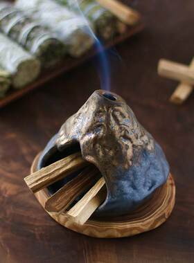深森里 秘鲁圣木燃烧托 托盘鼠尾草薰香炉 手工陶瓷小壁炉高级扩