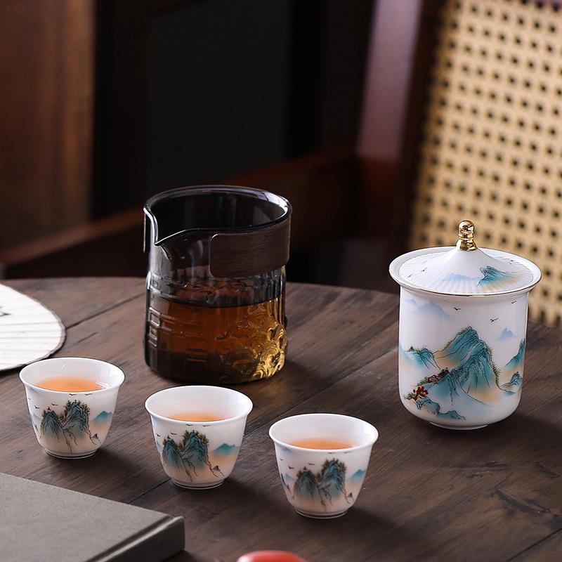 羊脂玉快客杯旅行茶具套装中式创意千里江山茶具简约泡茶壶茶杯