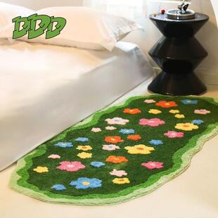 DDD森系花花绿地毯卧室防滑苔藓田园风床边毯客厅沙发可爱地垫ins