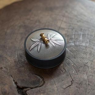 高档宣品书房砚台文意房四创宝安徽歙砚圆形锡盖宣砚带盖可研台墨