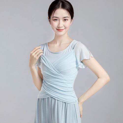 古典舞新款上衣练功服女中国舞短袖修身拼接成人形体舞蹈身韵服装