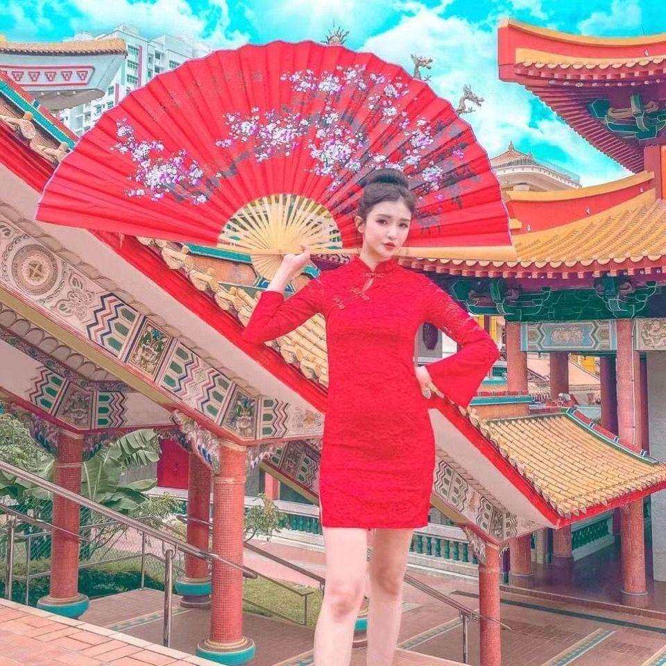 超大挂扇装饰中国风梅花装饰工艺绢布大折扇子影楼道具粘花女宫扇