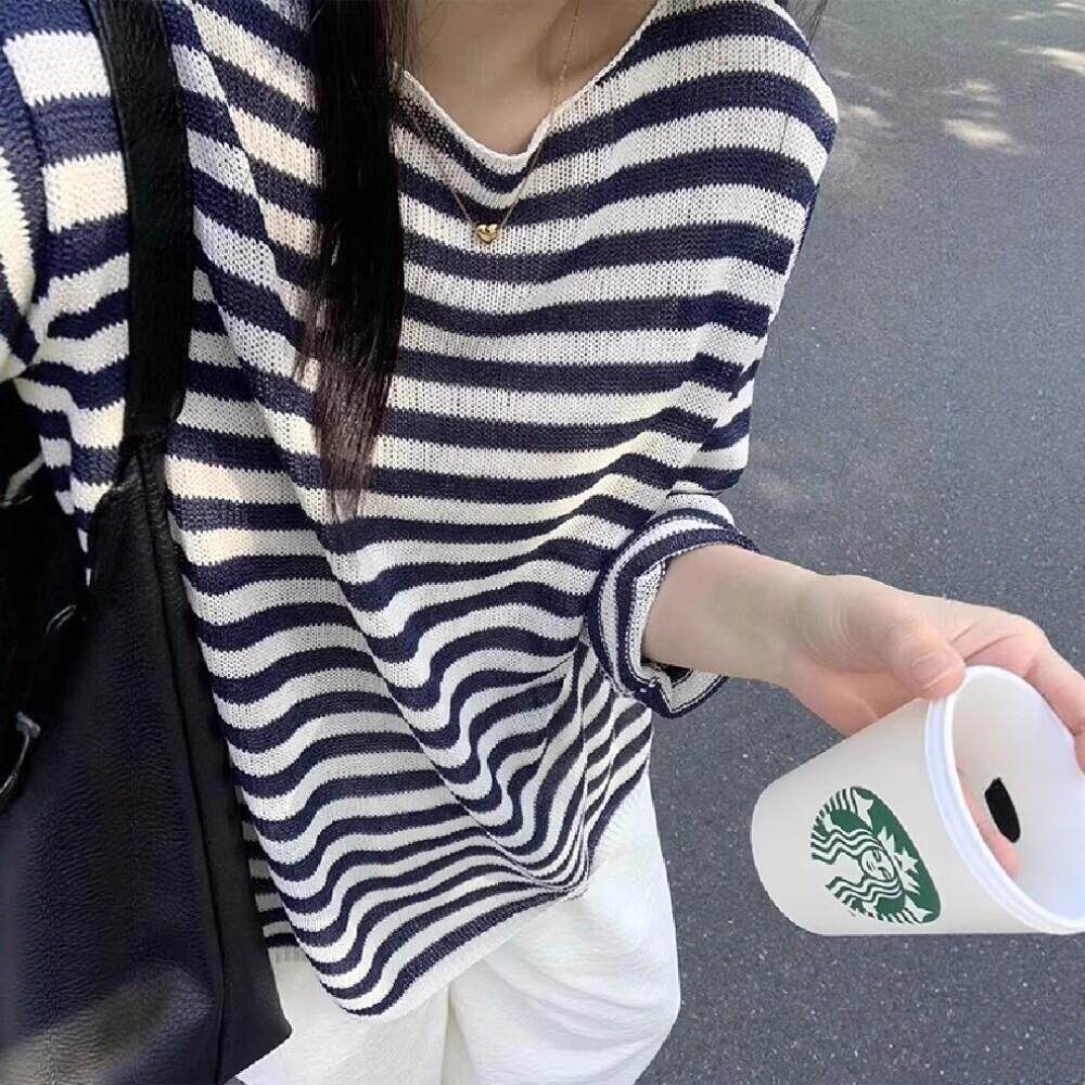 日系条纹针织衫女春秋季长袖t恤防晒罩衫慵懒宽松外搭上衣空调衫
