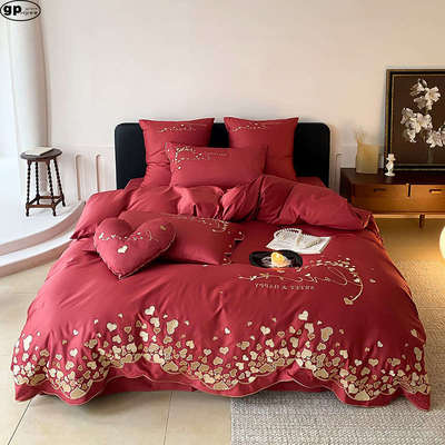 法国GP婚庆韩式风结婚100支双股澳棉全棉四件套浪漫大红色刺绣床