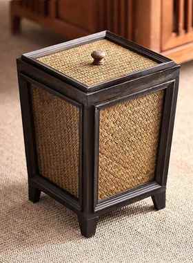 异丽复古古风木垃桶实木藤质圾编客厅茶pxx22086中室家用式厨房垃