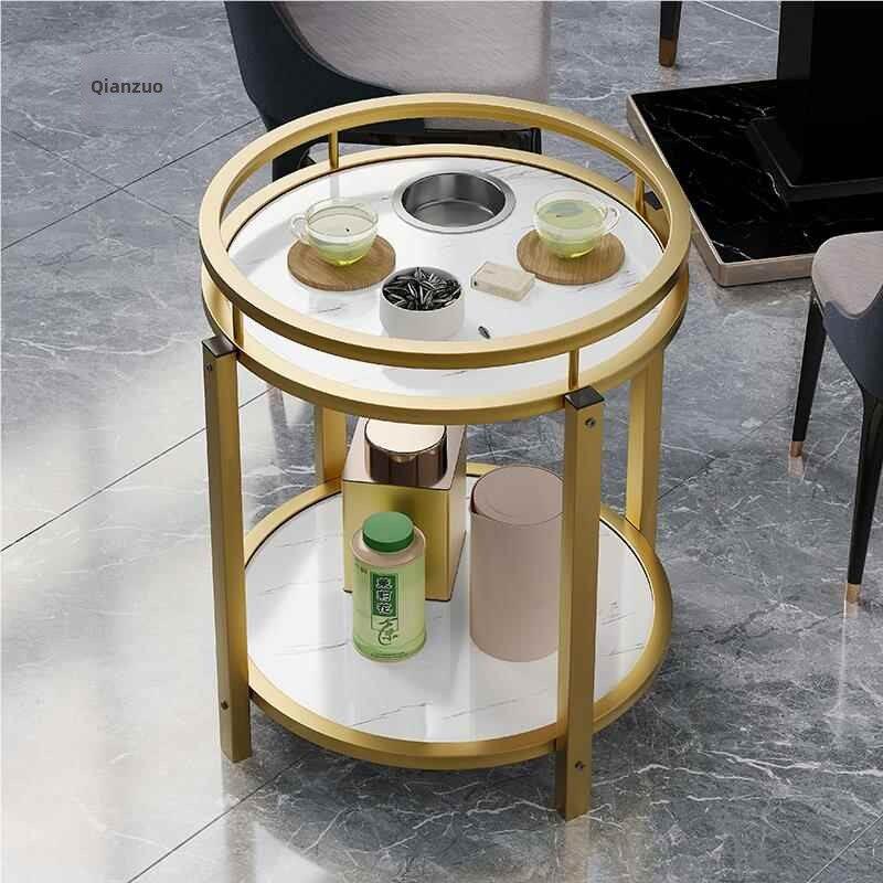 麻将机茶几棋牌室专用带烟缸茶水架麻将桌边几可移动双层圆茶水桌