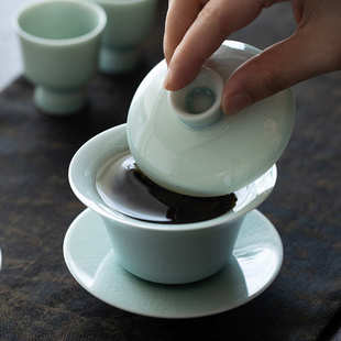 湖田窑影青釉三才盖碗陶瓷功夫茶具开片可养泡茶碗三才盖碗喝茶杯