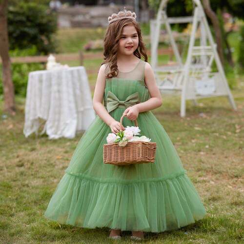 girls plain bow front ruffle hem tulle party dress