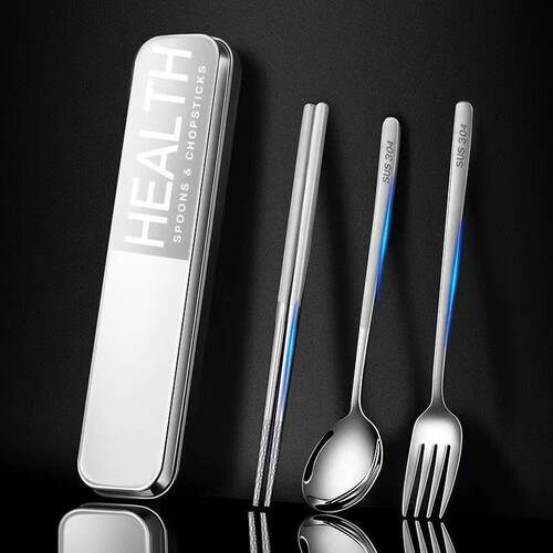 304不锈钢筷子勺子套装叉子单人装可携式餐具盒三件套学生收纳盒