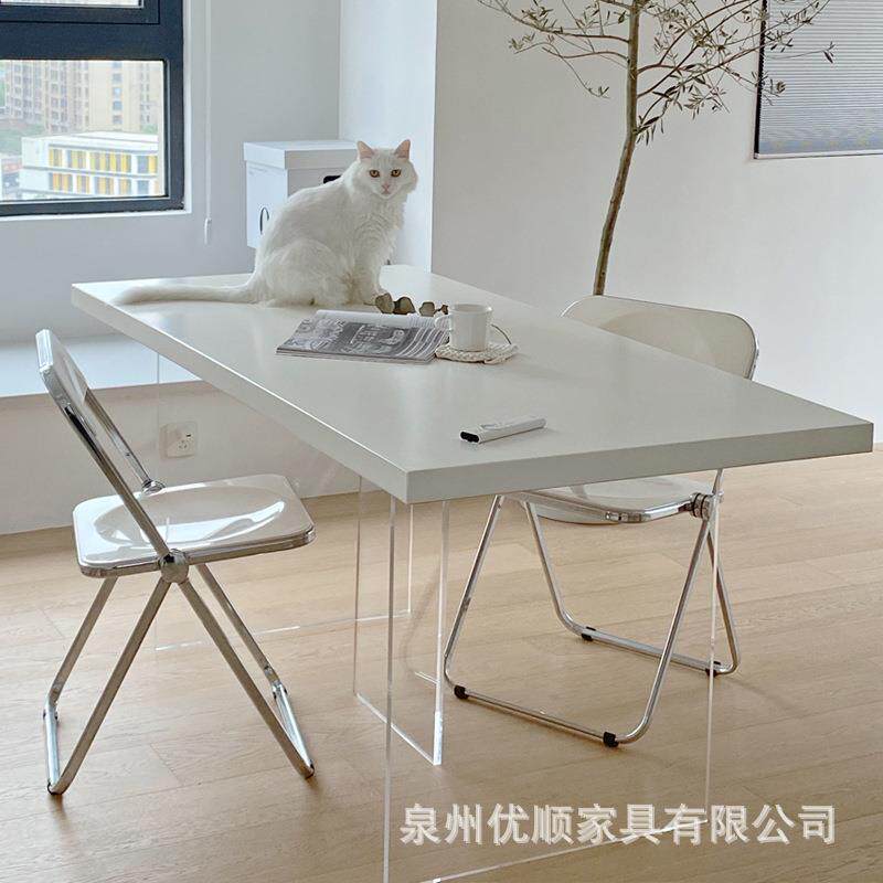 轻奢亚克力悬浮实木餐桌创意办公电脑桌家用书桌设计师白色工作台