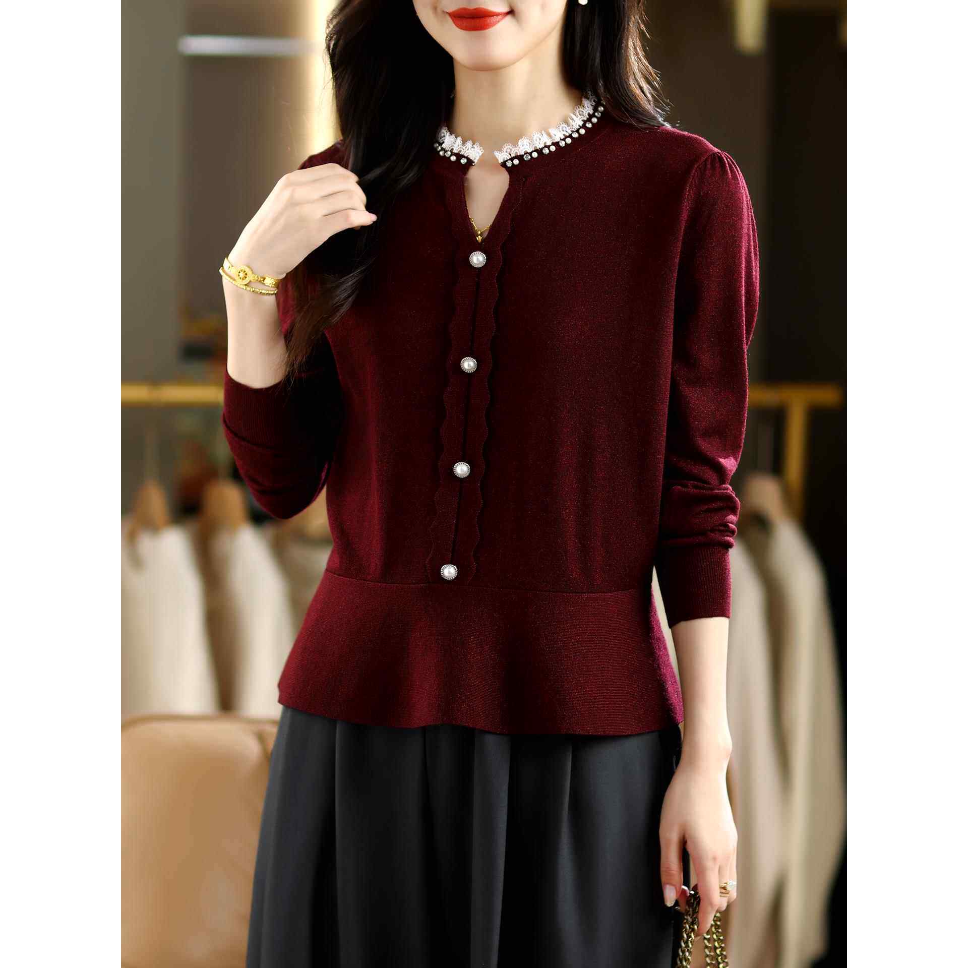 2025春秋季新款V领针织衫女装短款荷叶边上衣薄款小香风套头毛衣