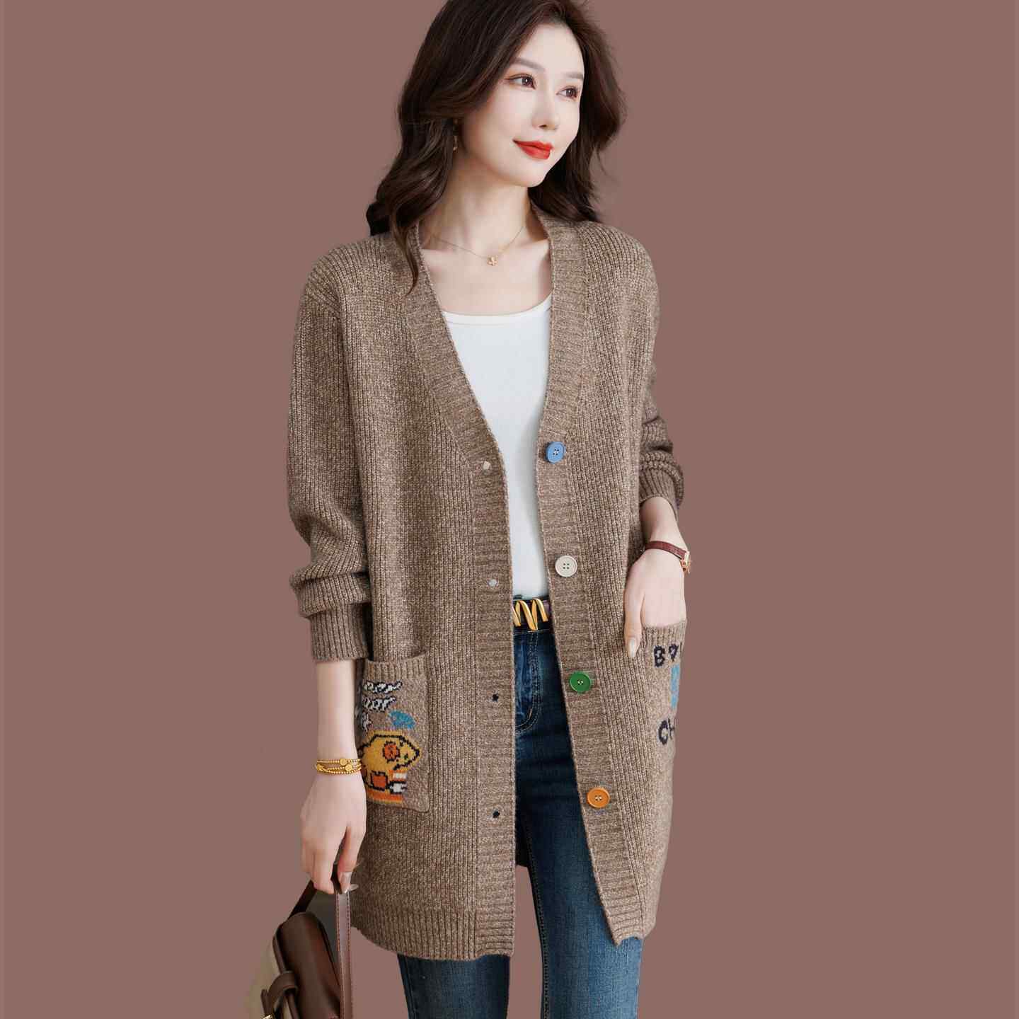 V领花线 线绣花毛衣开 衫女秋装新款披肩外搭中长版羊毛针织春秋