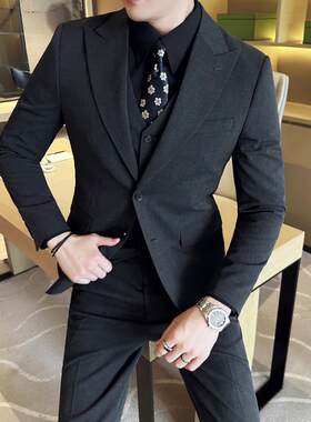 西装男结婚礼服两粒扣枪驳领商务高级感痞帅西服套装修身新郎伴郎