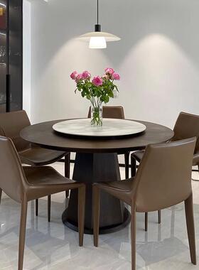 家用户型烟色圆形熏桌带转盘岩板小吃饭桌子意极简QQC实木餐桌椅