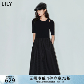 lily2024夏女装(夏女装)设计感拼接气质通勤时尚高腰a字连衣裙小黑裙