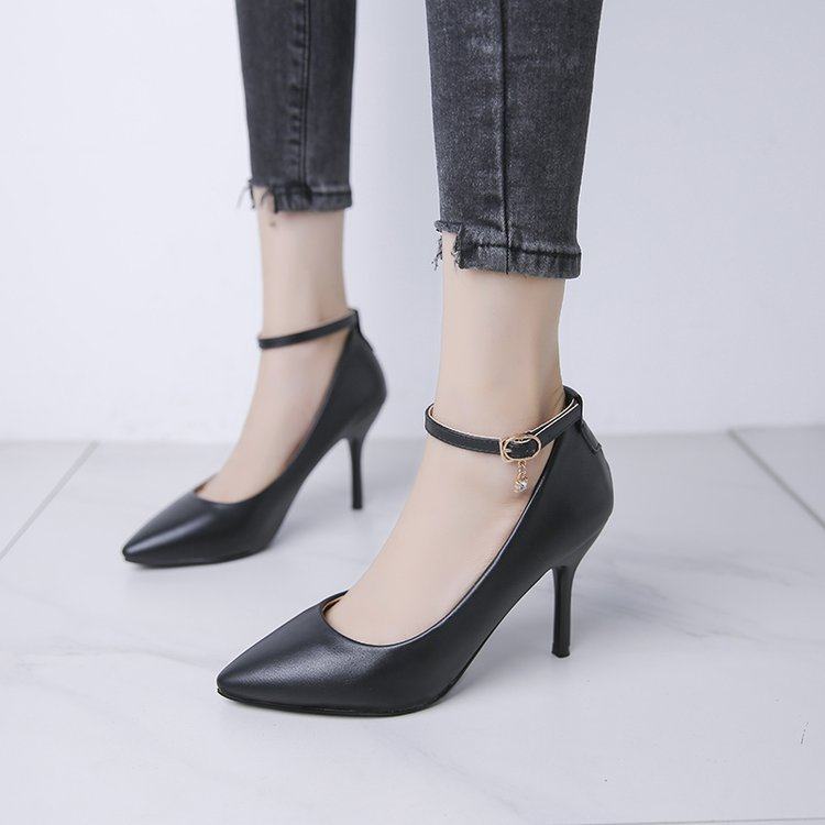 一字式扣高跟鞋女中跟细跟尖头工作鞋皮面单鞋小码32码33码6-8cm,女鞋,浅口单鞋,淘宝优惠券,粉丝福利购,淘宝优惠卷
