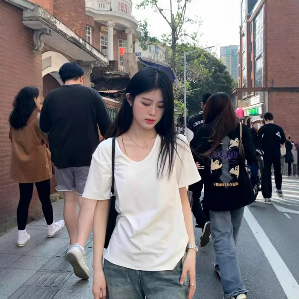 U领t恤女短袖白色正肩夏季大领口宽松显瘦内搭纯色上衣体恤