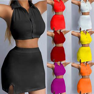Strap collar waist revealing short skirt set for women