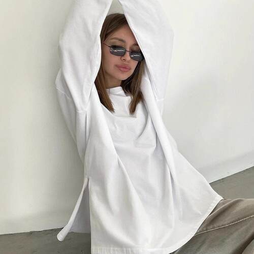 2025 long sleeved slit T-shirt cotton top for women