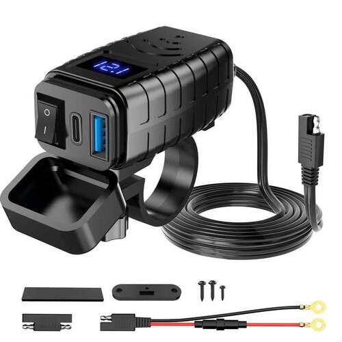改装机车PD3.0+QC3.0手机充电器快充电压数显表支架带开关防水