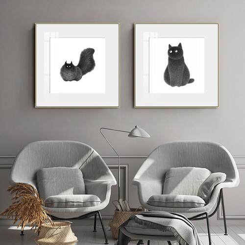 黑白简约可爱猫咪装饰画客厅小众艺术挂画卧室ins风小黑猫壁画