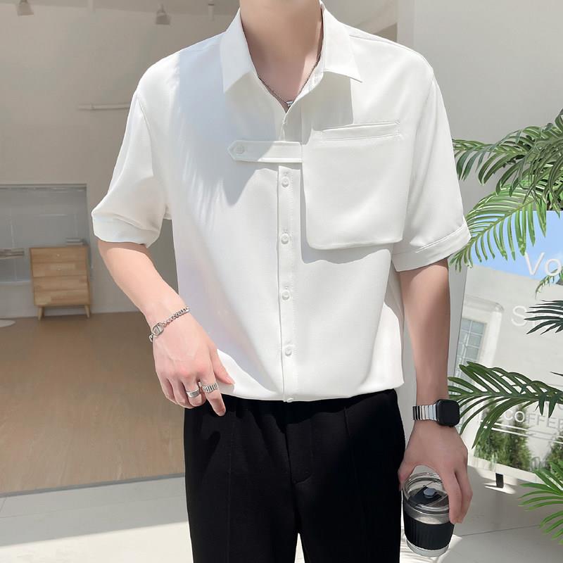 韩系设计感短袖衬衫男款夏季痞帅上衣潮流高级垂感白色五分0711e图片