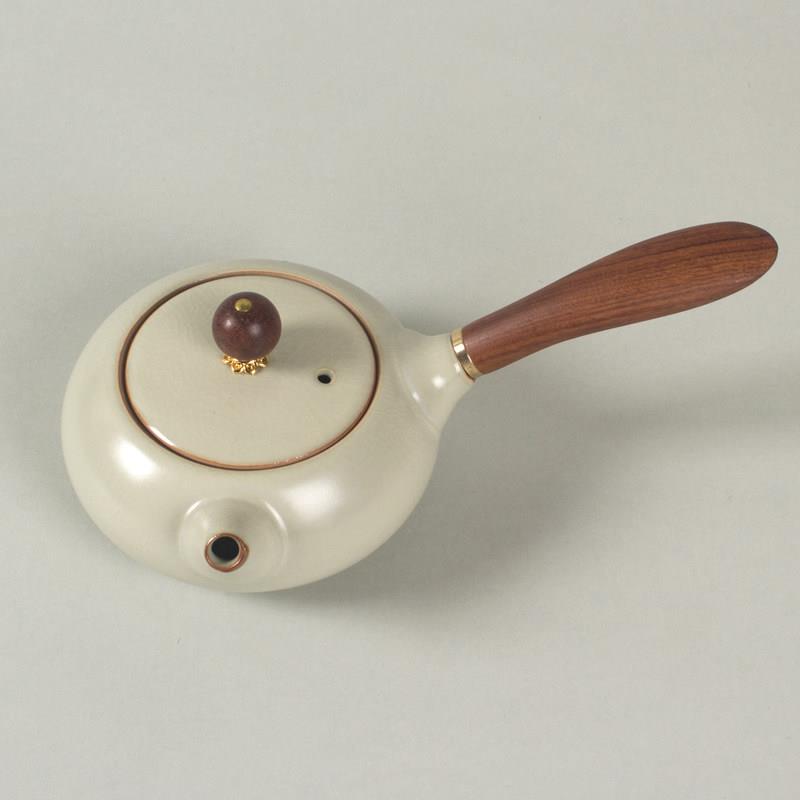 米黄汝窑侧把壶开片可养金线家用功夫茶具泡茶壶新中式陶瓷冲茶壶