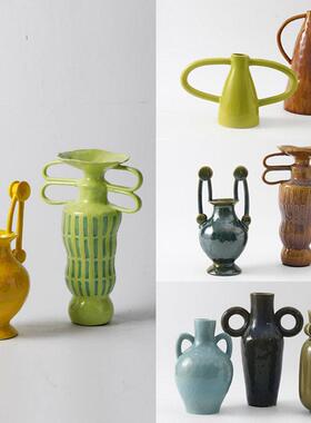 现代北欧覆古双耳彩色陶瓷花瓶摆件样板房酒店客厅玄关大红色花器