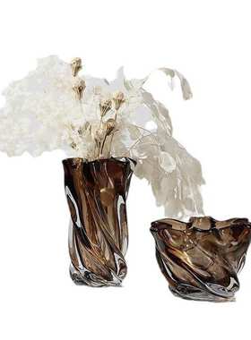 现代轻奢创意咖色玻璃花瓶摆件样板间客厅玄关水培花器高级感摆件