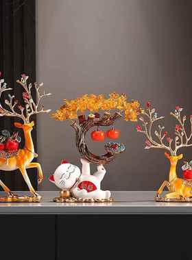 福鹿招财猫发财树摆件客厅玄关酒柜电视柜装饰品乔迁新居开 业礼