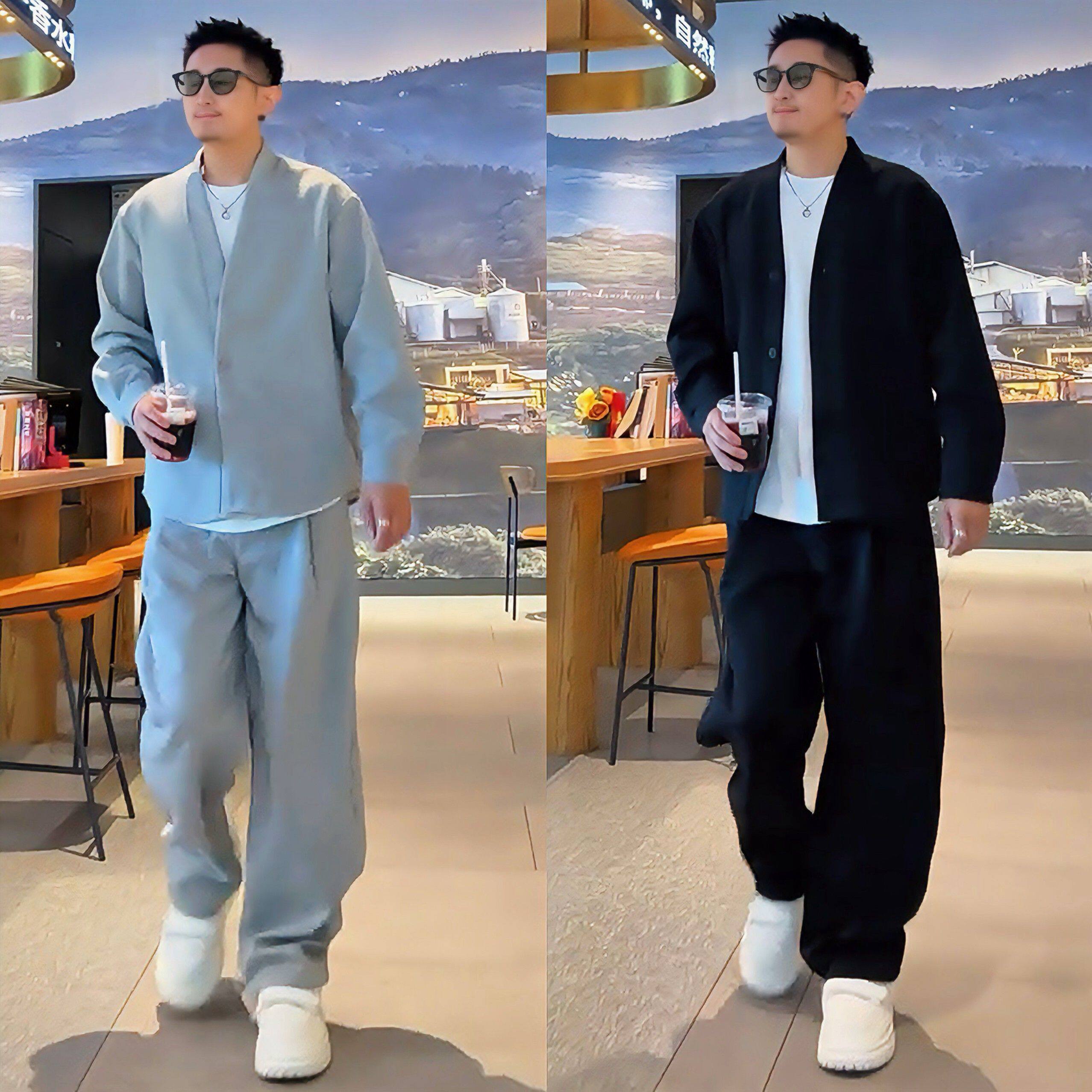 高级感休闲运动套装男士春秋季极简风V领开衫外套卫裤穿搭一整套