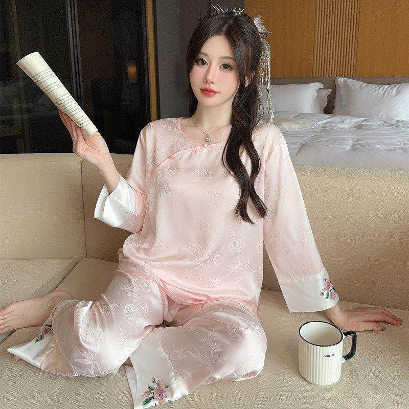 新中式睡衣 缎面冰丝 女中式2025新款秋款国风丝绸高级感女士长袖