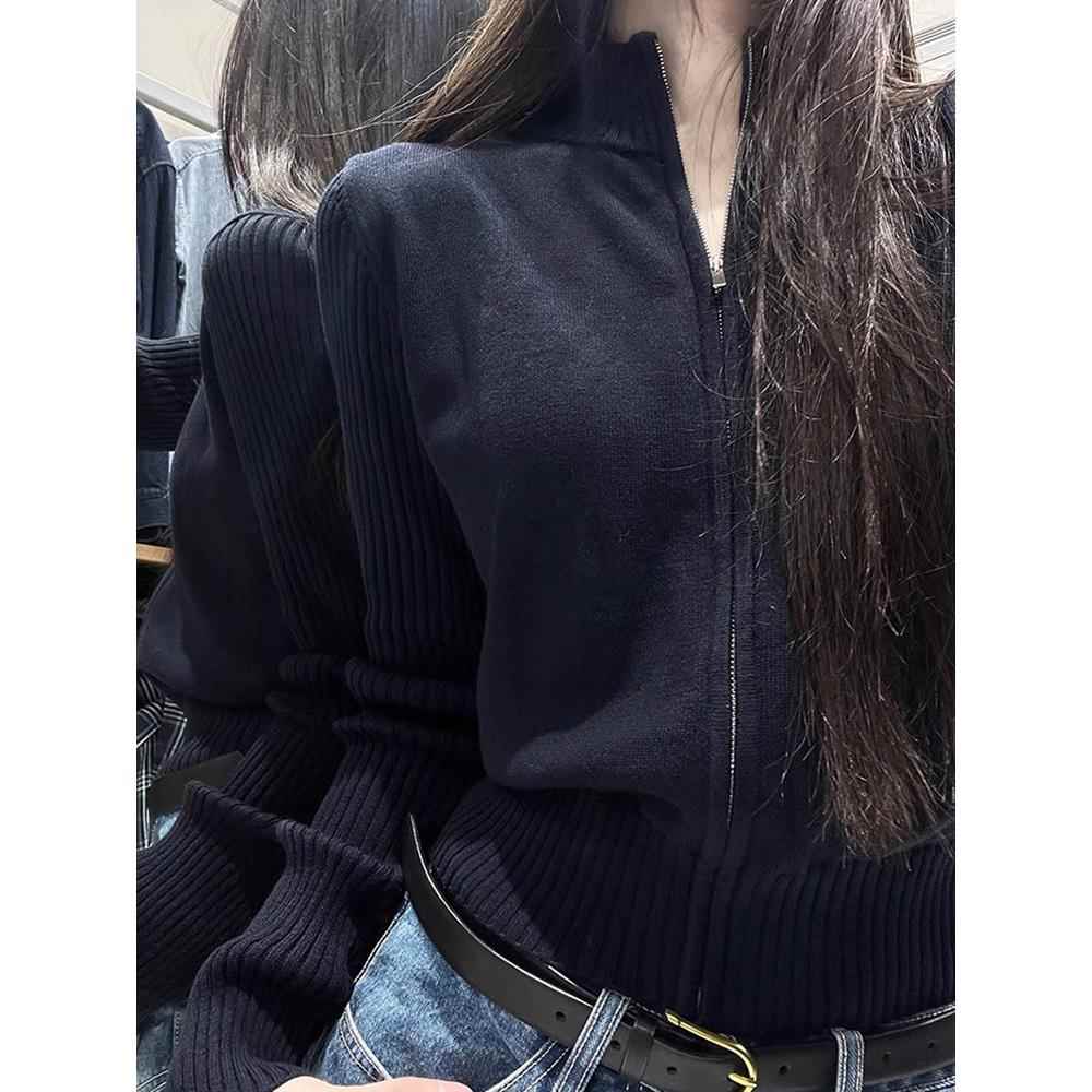韩国立领拉链针织开衫女秋冬气质毛衣外套藏青色显瘦修身短款上衣