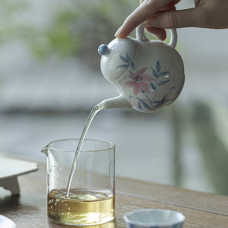 青己手绘青花青己落神香妃茶壶功夫茶具家用球孔过滤玉泥手执壶