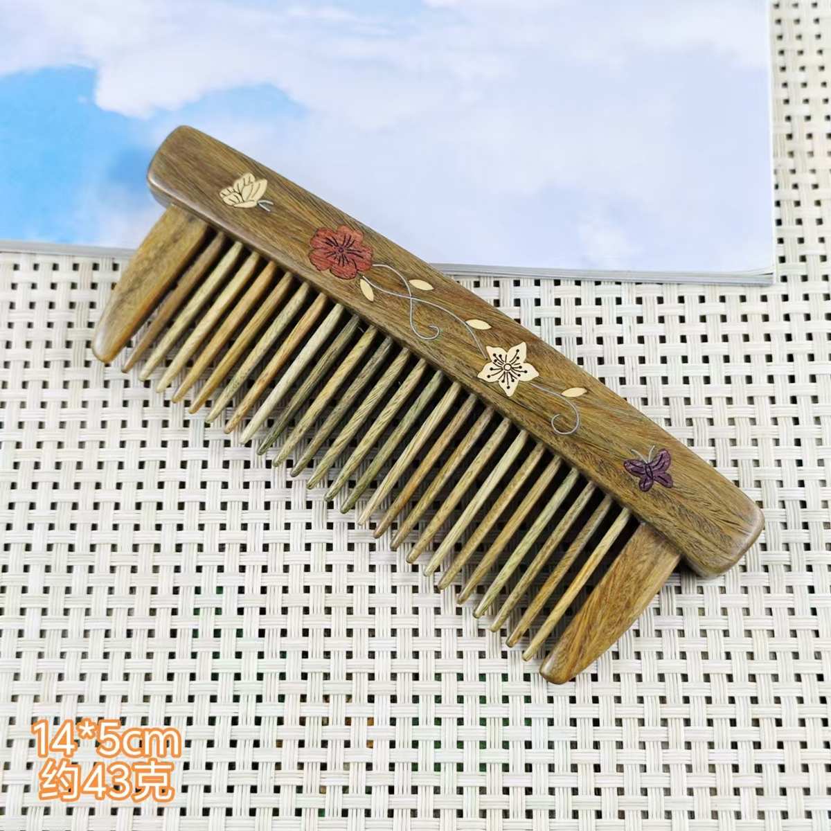 手工梳家用紫光批发檀插花梨木梳梳子镶花顺榫卯发礼品齿女生拼接
