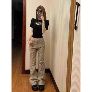 加长高个子美式复古卡其色工装裤女辣妹宽松显瘦微喇叭拖地牛仔裤