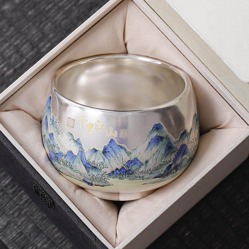 手工鎏银茶杯创意陶瓷杯子国潮茶具千里江山纯银主人杯单杯礼品
