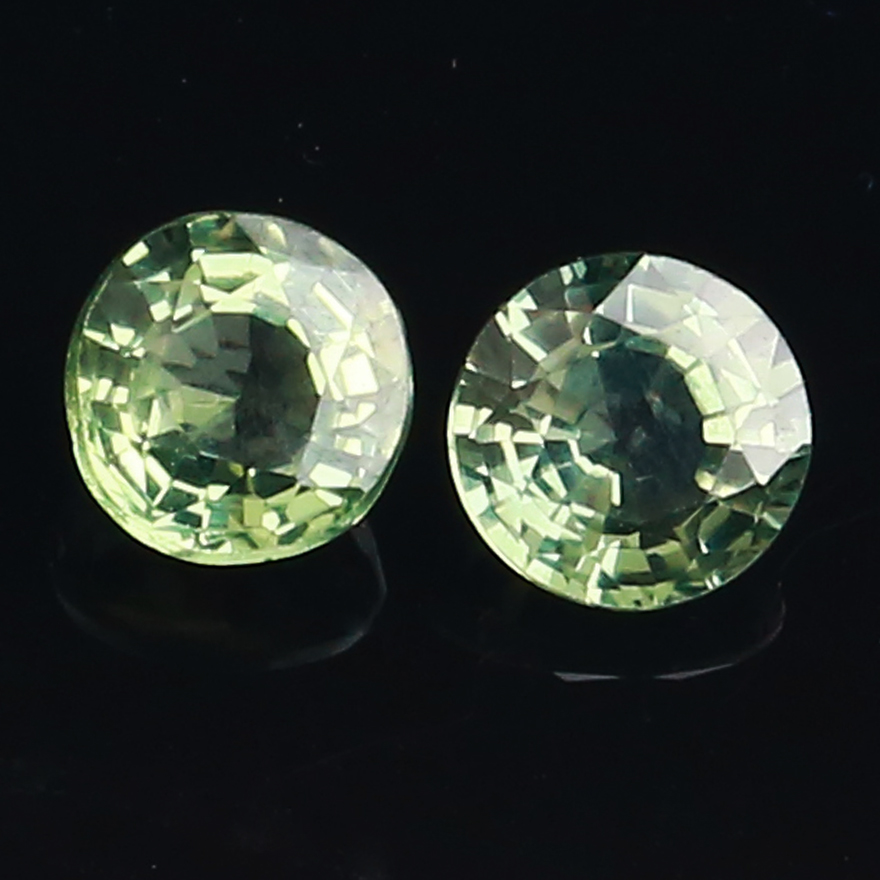 NGTC国检1.36ct正圆钻形类钻彩绿色天然蓝宝石戒面裸石一对儿